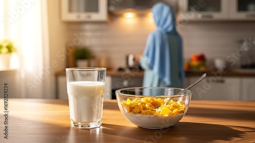 Wallpaper Mural Breakfast Scene A Healthy Start with Cereal and Milk, A Woman Prepares in the Kitchen Torontodigital.ca