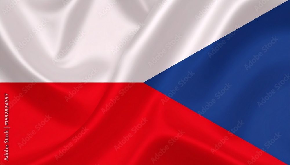 Naklejka premium Czech Republic national flag with white and red horizontal bands and blue triangle from hoist side, displayed with fabric texture and wavy appearance, symbolizing Slavic heritage and national identity