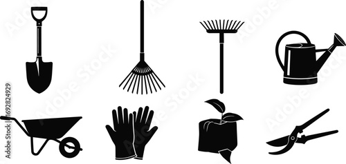 Black silhouette gardening tools icons including shovel, rake, watering can, wheelbarrow, gloves, plant seedling, pruning shears, vector illustration