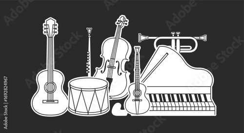 Black and white vector illustration of acoustic guitar, violin, trumpet, grand piano, drum, flute, and classical music instruments set.