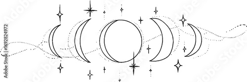 Minimalist line art illustration of moon phases with stars for design