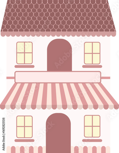 A charming vintage shop with striped awning design, perfect for boutique branding, outdoor markets, cafes, or architectural design projects.