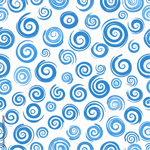 Blue seamless pattern with bold brush drawn spirals, swirls and thick doodle lines.