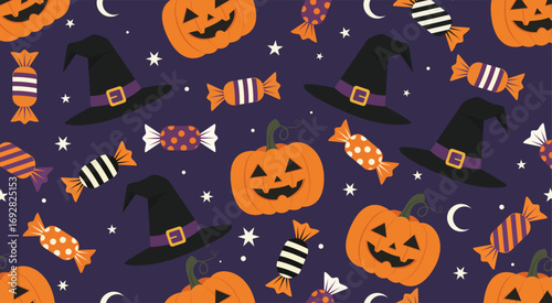 Seamless pattern of Halloween pumpkins, hats, and candy