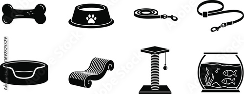 Black silhouette pet care icons including dog bone, pet food bowl, leash, pet bed, scratching post, fish bowl, cat scratcher