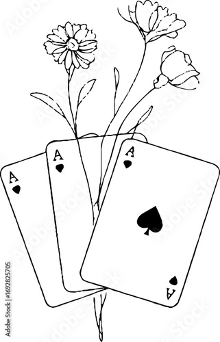 Minimalist line art of playing cards with floral boho design for tattoo and aesthetic decor