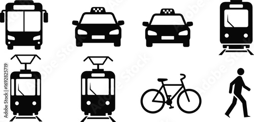Black silhouette transportation icons including bus, taxi, tram, bicycle, pedestrian walking, public transit symbols, vector illustration isolated on white background