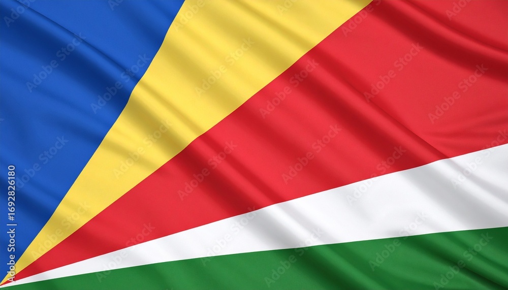 Fototapeta premium Seychelles national flag with five radiating oblique bands of blue, yellow, red, white, and green, symbolizing sky, sun, unity, justice, and natural environment.