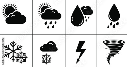 Black silhouette weather icons including sun, clouds, rain, snowflakes, lightning, tornado, precipitation, storm symbols, simple vector design, isolated on white background