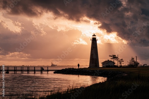 Lighthouse at sunset, dramatic clouds, tranquil water