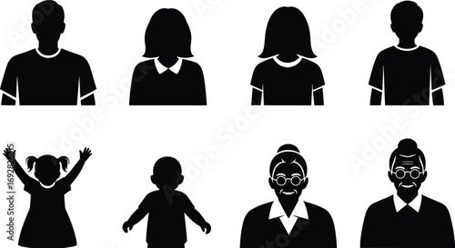 Black silhouette vector icons of diverse family members including men, women, children, elderly people, happy expressions, different ages, simple design