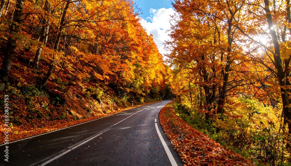 Obraz premium Autumn road winding through vibrant forest