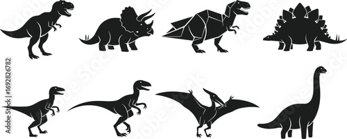 Collection of dinosaur silhouettes, T-Rex, Velociraptor, Triceratops, Pterodactyl, Stegosaurus, Brachiosaurus, fossil animal vector, prehistoric creatures, black icons