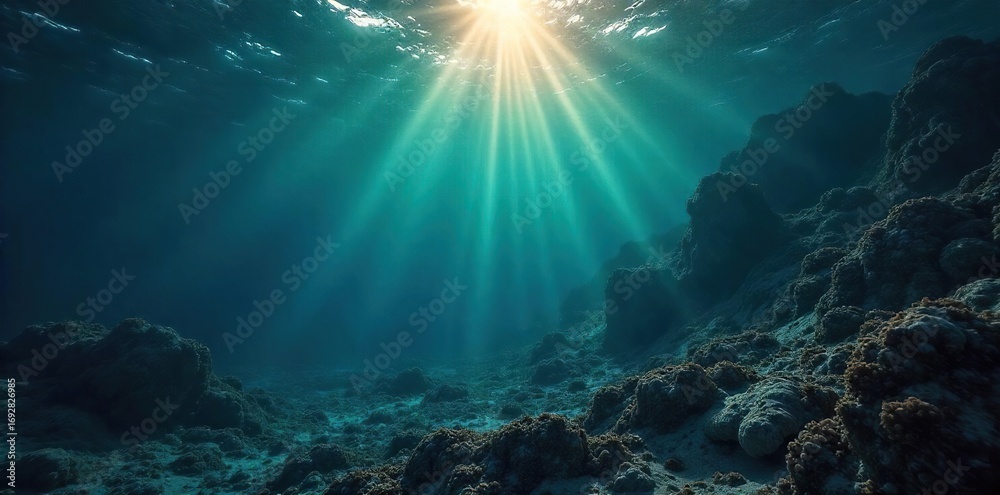 Obraz premium Deep, dark ocean; sunbeams barely penetrate the surface, illuminating swirling particles Ancient seabed, mysterious and vast, evokes a sense of timelessness and untamed power , seabed, serenity