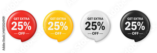 Get extra 25 percent off sale. Save 25 percent. 3D tag promotion design for shopping, marketing, advertisement, banner and web. Red, yellow, white, and black discount tags. Vector illustration.