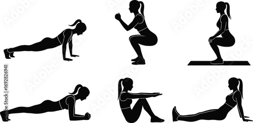 Female workout silhouette icons, fitness poses, bodyweight exercises, home gym workout, yoga, squat, plank, push up, stretching, training.