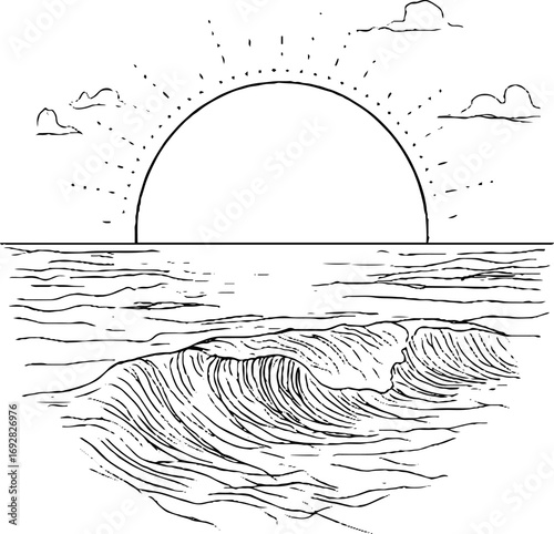 Minimalist line art illustration of serene beach scene with waves and sunset for design