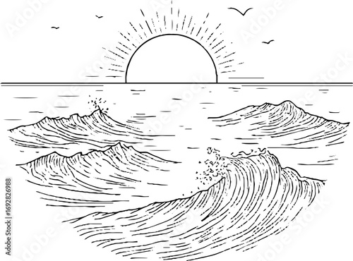 Minimalist line art of serene beach waves and sunset for aesthetic designs