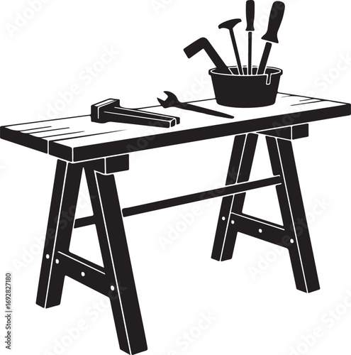 A sturdy wooden workbench with various tools arranged on its surface isolated on white background silhouette