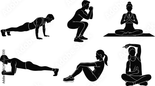 Male and female workout silhouette, yoga poses, bodyweight exercises, fitness routine, stretching, meditation, core training, squat, pushup, plank