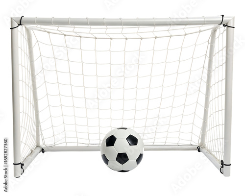 Classic black and white soccer ball resting in front of a white soccer goal isolated on transparent background
