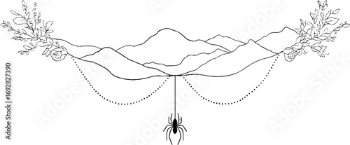 Minimalist linear art of spider suspended under mountains with floral accents for aesthetic decor