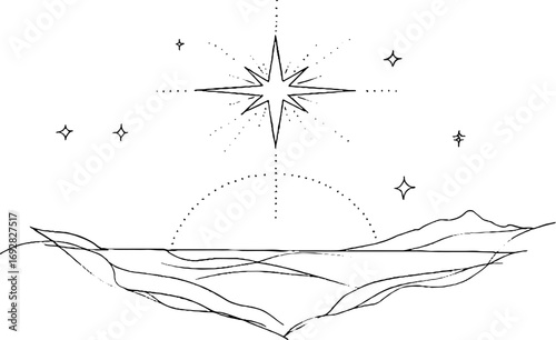 Minimalist line art of shining star over mountainous landscape