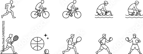 Outline icons of athletes running, cycling, water biking, tennis, basketball, and boxing, sports activity, fitness, competition, dynamic athletic motion, healthy lifestyle.