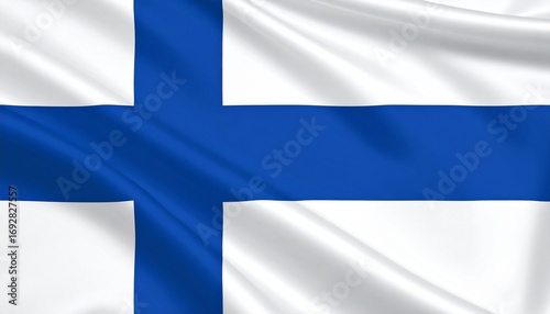 National flag of Finland with blue Nordic cross on white background, vertical crossbar shifted toward hoist.