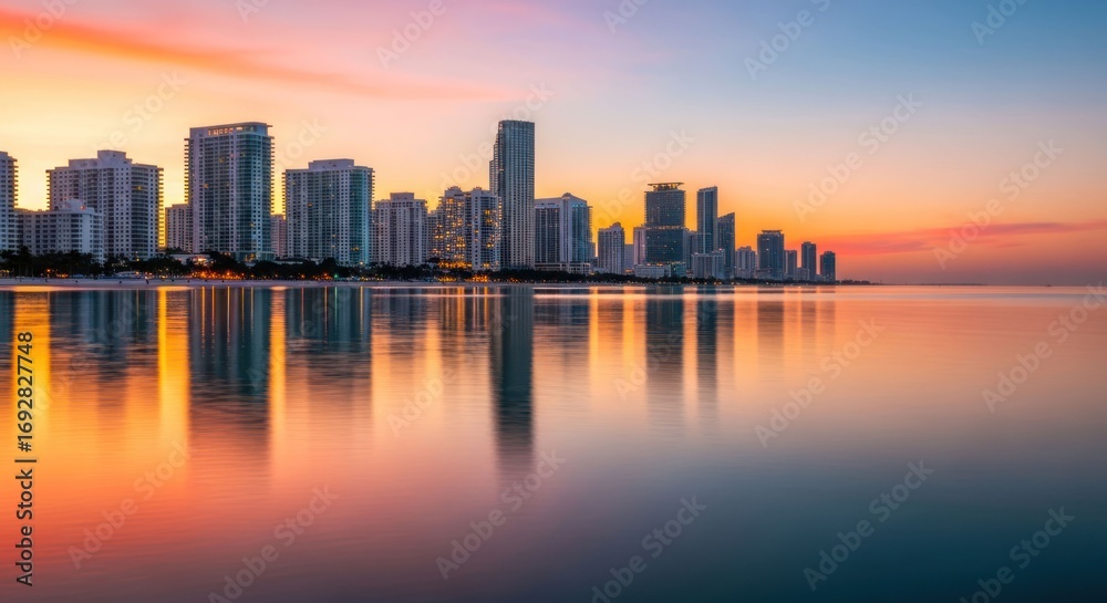 Fototapeta premium Miami skyline at sunrise, mirrored in calm water