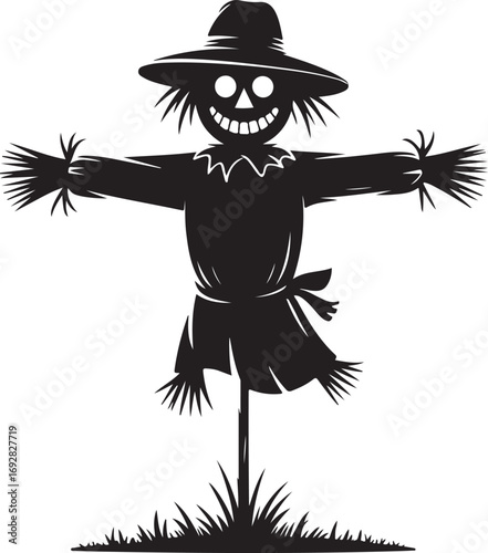 Spooky black silhouette of a smiling scarecrow with glowing eyes on a white background isolated on white background