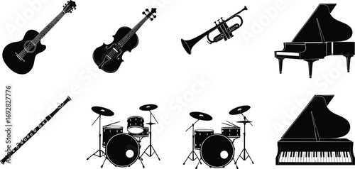 Silhouette vector of acoustic guitar, violin, trumpet, grand piano, clarinet, drum set musical instruments collection isolated on white background.