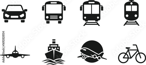 Transportation icons including car, bus, train, airplane, ship, bike, public transit, travel, vehicles, transport symbols, travel options, commuting, urban mobility.
