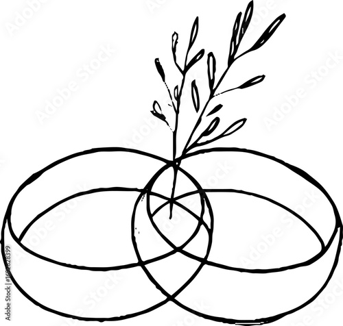 Minimalist line art illustration of wedding rings with botanical elements for elegant design