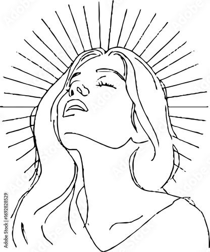 Minimalist line art of woman looking up with radiant lines for modern design projects