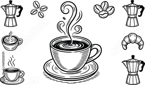 Vintage graphic illustration set Steaming coffee cup, moka pots, roasted beans, croissant. Perfect for morning, breakfast, cafe, and warm beverage designs.