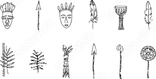 Minimalist line art of african indigenous masks and cultural symbols set for aesthetic designs