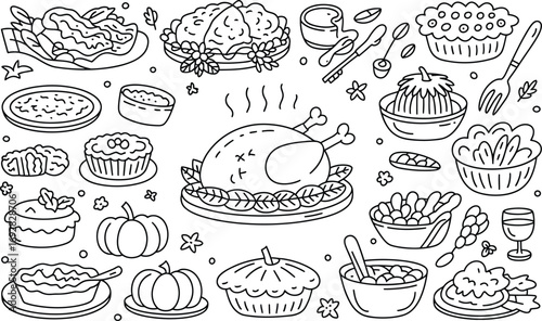 Festive Feast Doodle Thanksgiving Day Illustration with Turkey, Pies, and Side Dishes in Hand-Drawn Style for Seasonal Celebrations.