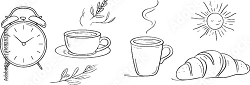 Minimalist line art collection featuring alarm clock, coffee cups, sun, and croissant for design projects