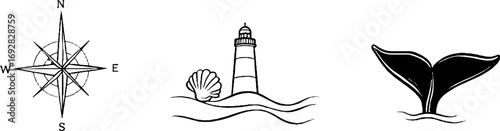 Nautical minimalist line art set with anchor, compass rose, lighthouse, and whale tail design