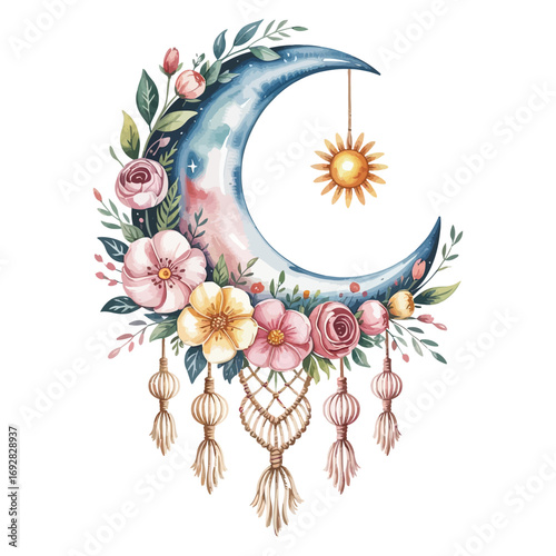 A lovely watercolor illustration of a boho moon decorated with hanging macrame and flowers, dreamy pastel colors, centered composition, against white background.