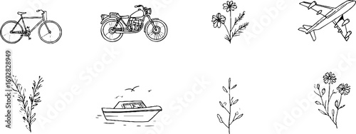 Minimalist line art collection featuring bicycle, motorcycle, car, and nature elements for boho aesthetic design
