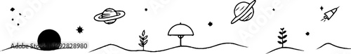 Minimalist line art of cosmic elements: black hole, saturn, rocket, space designs for posters