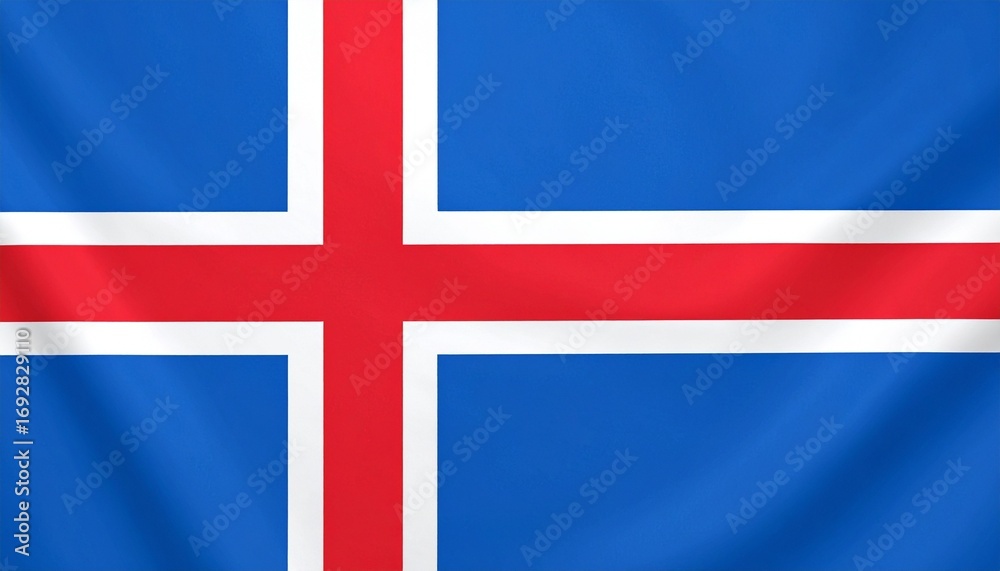 Fototapeta premium Iceland’s blue flag with white-bordered red Nordic cross—symbolizing ocean, glaciers, and volcanic fire.