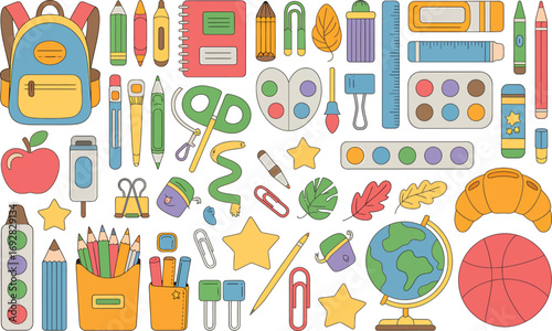 A colorful flat lay collection of school supplies and art tools for education and creativity, including a backpack, globe, pencils, and paints on a background