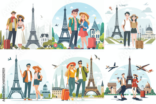 Tourist couple taking pictures in front of the Eiffel Tower. Vector, illustration, icon set