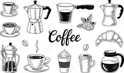 Coffee Delight A Hand-Drawn Espresso Variety Illustration with Fresh Beans and Pastry, Perfect for a Relaxing Morning Boost and to Enjoy an Aromatic Brew 