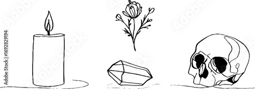 Mystical elements in minimalist line art: candle, tarot card, rune design for boho decor
