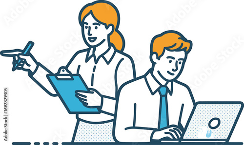 Female supervisor providing instruction and guidance to a male employee at his desk with a laptop. A minimalist vector illustration of professional training.