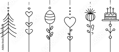 Minimalist line art collection featuring christmas tree, easter egg, hearts, and cake for decoration